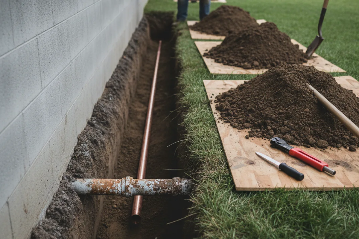 Excavated water line trench during Water Softener Installation in Bridgewater